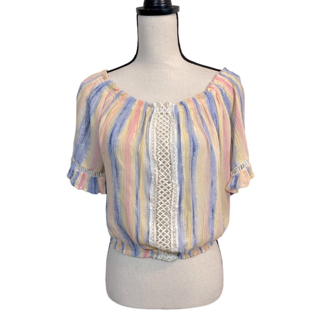Ocean Drive Pastel Stripe Boho Ruffle Sleeve Top Size Medium